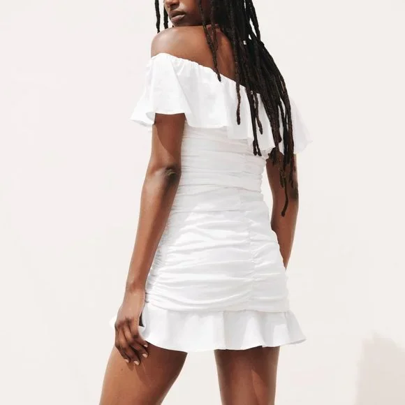 ZARA WHITE LINEN BLEND DRAPED DRESS WITH RUFFLES - Picture 6 of 10